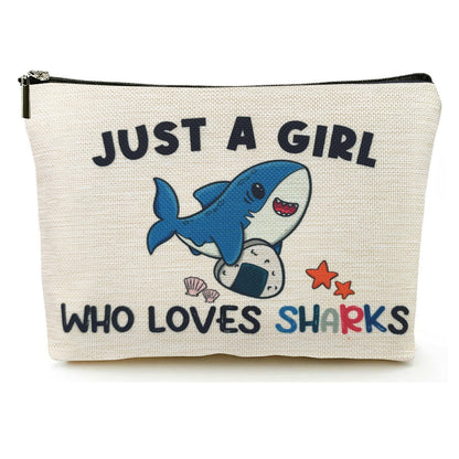 Shark Gifts for Women Makeup Bag, Cute Shark Themed Gifts for Shark Lovers Girls Kids Accessories, Just A Girl Who Loves Sharks Cosmetic Stuff Pouch, Birthday Christmas Decorations