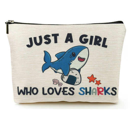 Shark Gifts for Women Makeup Bag, Cute Shark Themed Gifts for Shark Lovers Girls Kids Accessories, Just A Girl Who Loves Sharks Cosmetic Stuff Pouch, Birthday Christmas Decorations