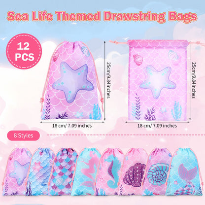Clabby 12 Pcs Mermaid Drawstring Backpack Bulk Mermaid Party Favor Bags Candy Gifts Treat Bags for Birthday Party Supplies Fish Scales Under the Sea Ocean Theme Decoration
