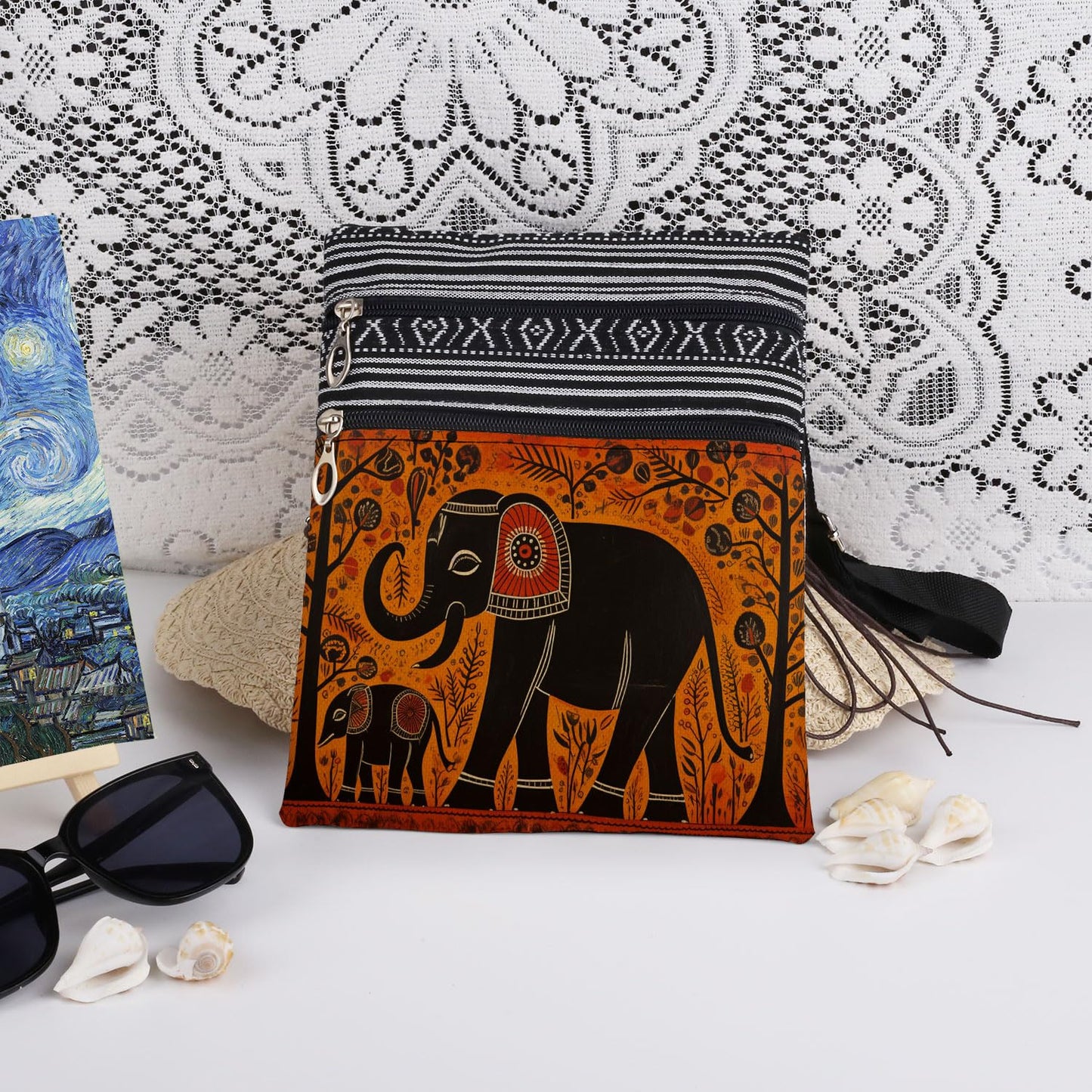 Elephant Print Women Crossbody Bag Wildlife with Plant Adjustable Shoulder Strap Messenger Bag Men Travel Crossbody Purse Unique Birthday Present Elephant Gift for Adult