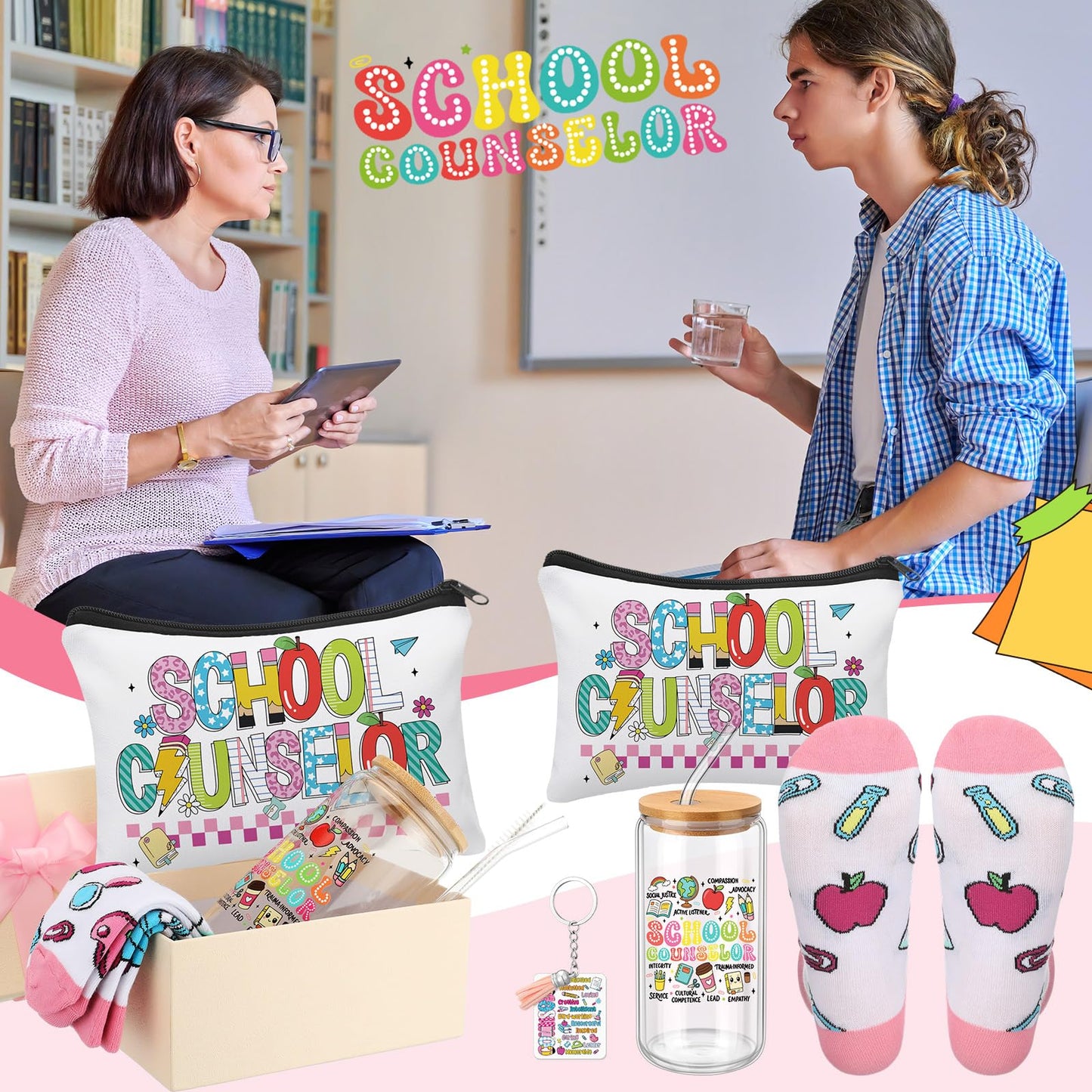 Skylety 5 Pcs School Counselor Week Gifts for Women Counselor Appreciation Gift Glass Cup Sock Cosmetic Bag Badge Holder Thank You School Counselors Gift Box for Schools Counseling Week Teacher