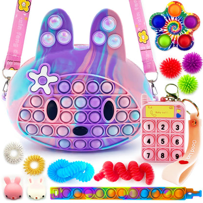 Exun Premade Easter Basket Stuffers Already Filled, Pop Crossbody Purse Bags Fidget Toy Pack, Bunny Shoulder Bag Mini Sensory Toys, 3 4 5 6 7 8 9 10 Year Old Birthday Easter Party Gift for Girls Kids