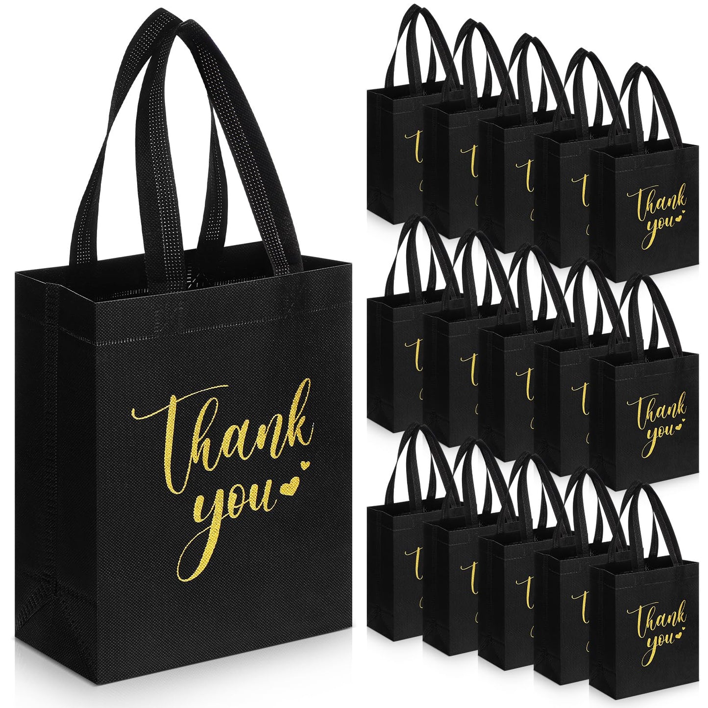 Sweetude 30 Pcs Thank You Gift Bags with Handles, Reusable Non Woven Foldable Goodie Bags Bulk for Graduation Teacher Appreciation Wedding Bridesmaid Favors(10 x 8 x 4 Inch,Black)