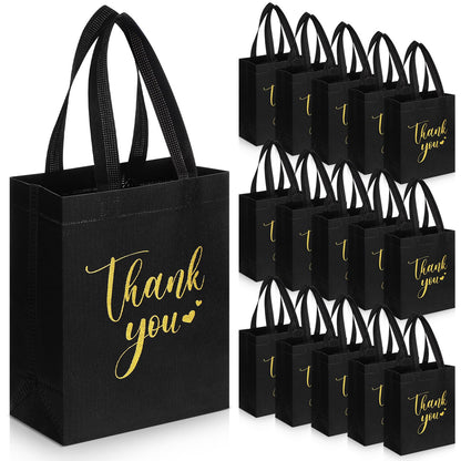 Sweetude 30 Pcs Thank You Gift Bags with Handles, Reusable Non Woven Foldable Goodie Bags Bulk for Graduation Teacher Appreciation Wedding Bridesmaid Favors(10 x 8 x 4 Inch,Black)