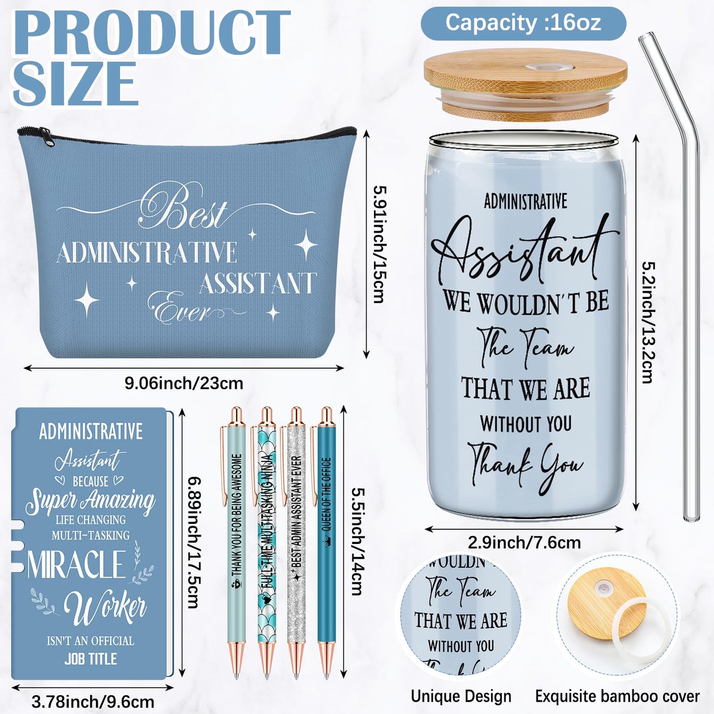 Skylety 7 Pcs Administrative Assistant Gifts Set 16oz Glass Tumbler Makeup Bag Ballpoint Pens Notebook Admin Professional Day Secretary Thank You Gift for Women Lady Coworkers Office