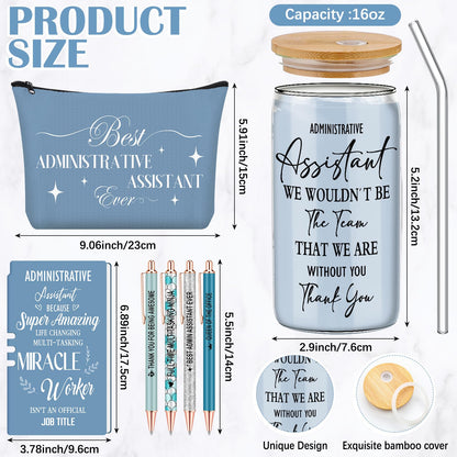 Skylety 7 Pcs Administrative Assistant Gifts Set 16oz Glass Tumbler Makeup Bag Ballpoint Pens Notebook Admin Professional Day Secretary Thank You Gift for Women Lady Coworkers Office