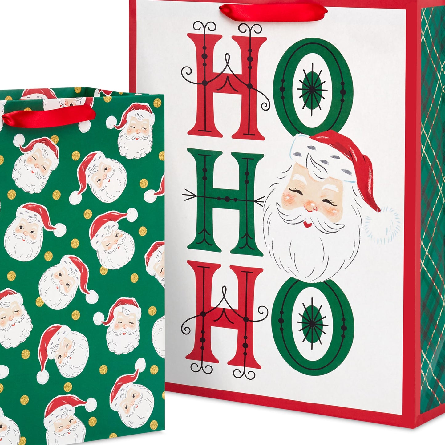 Hallmark Retro Christmas Gift Bag Bundle for Kids (2 Bags: 13" Large, 15" Extra Large) Vintage Santa, Ho Ho Ho, Green, Red and White
