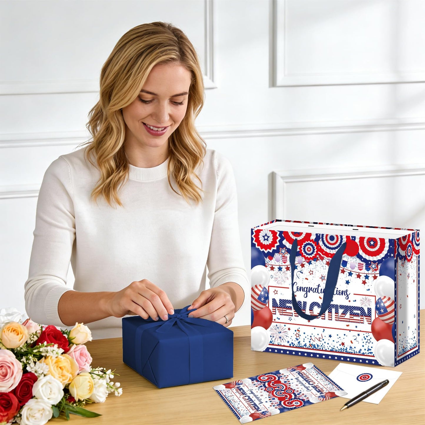 Allparty New American Citizen Gift Bag Citizenship Gift Bag with Wrapping Paper Card Sticker Envelope Blue White and Red New Citizen Party Favors Congratulations Gifts Presents for New US Citizens