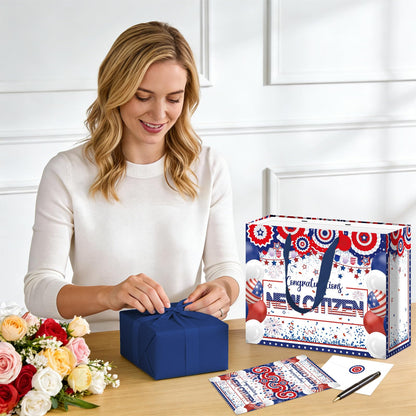 Allparty New American Citizen Gift Bag Citizenship Gift Bag with Wrapping Paper Card Sticker Envelope Blue White and Red New Citizen Party Favors Congratulations Gifts Presents for New US Citizens