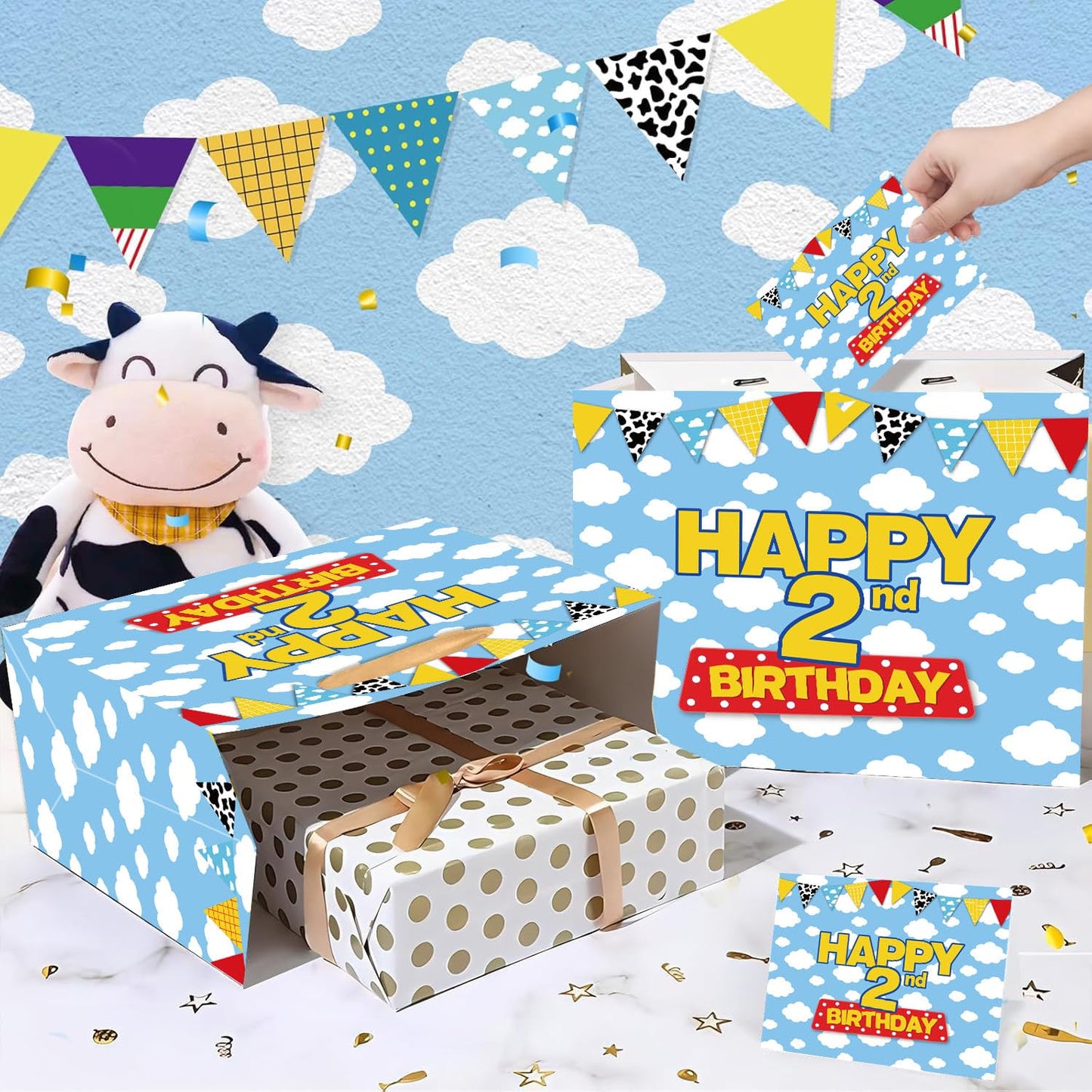 Cartoon Story 2nd Birthday Gift Bag with Tissue Paper and Greeting Card, Two Years Old Party Favor Bags Blue Sky White Clouds Cow Story 2nd Birthday Wrapping Paper Goodie Treat Bag for Kid Party Decor