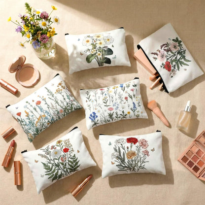 Sweetude 12 Pcs Spring Flowers Makeup Bag Bulk Portable Travel Cosmetic Bags with Zipper Wildflower Floral Waterproof Roomy Travel Beauty Toiletry Organizer Storage Pouch for Women Spring Gifts