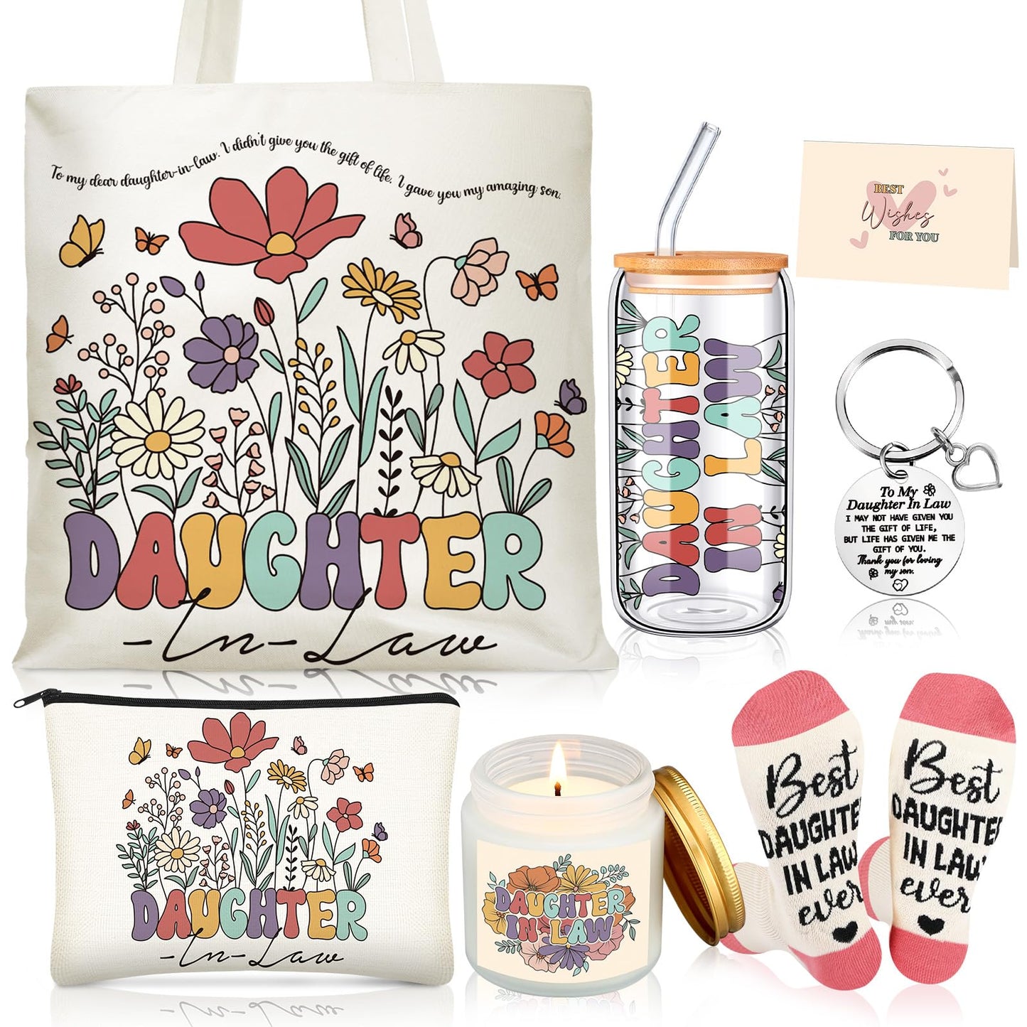 Funnymoom 6 Pcs Daughter in Law Gifts from Mother in Law with 17 oz Glass Cup Canvas Tote Bag for Birthday Wedding Gifts