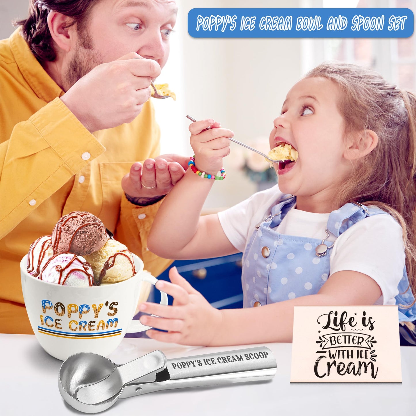 Poppy Gifts, Poppy's Gift Ice Cream Bowl Scoop Shovel Spoon Set, Grandpa Ice Cream Gift from Grandkids, Ideal Xmas Birthday Father's Day Man Gifts