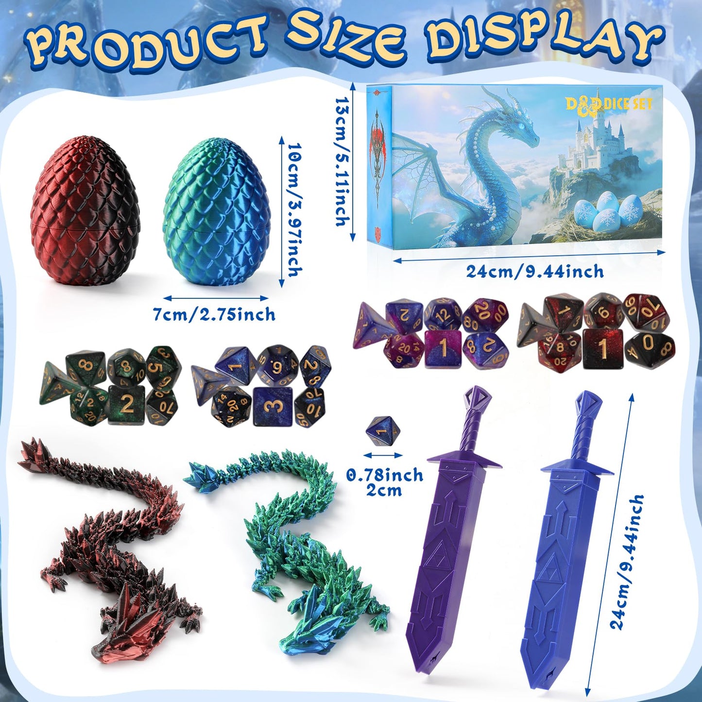 DND Dice Set and 3D Printed Dragon Eggs with Dragon Inside, Easter Basket Stuffers, Cool D&D Dice Gift, Suitable for Dungeons and Dragons RPG, MTG, Role Playing Table Game