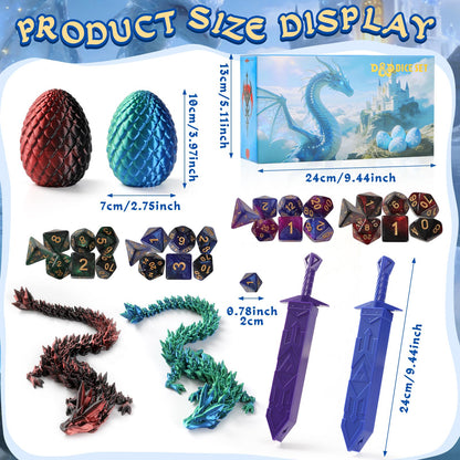 DND Dice Set and 3D Printed Dragon Eggs with Dragon Inside, Easter Basket Stuffers, Cool D&D Dice Gift, Suitable for Dungeons and Dragons RPG, MTG, Role Playing Table Game
