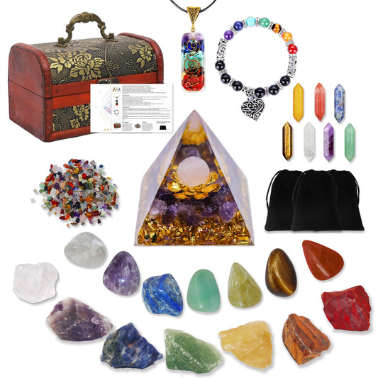 Chakra Healing Stones Set - 7 Raw & 7 Tumbled Crystals with 7 Bullet Shaped Stones, Chakra Necklace, Healing Bracelet & Orgone Pyramid - Spiritual Gift for Reiki, Meditation, Energy Balancing