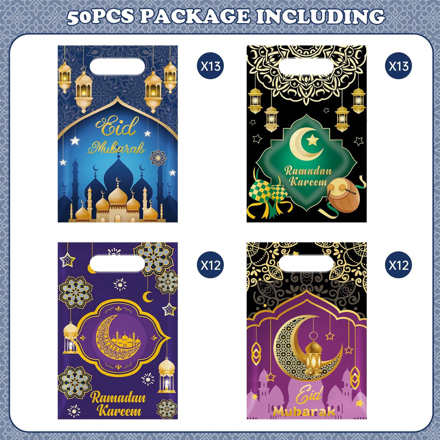 50 Pcs Ramadan Gift Bags with Handles - Eid Mubarak Goodie Bag, Ramadan Kareem Plastic Goody Candy Cookie Snack Treat Party Favor Bags Bulk for Islamic Muslim Eid Mubarak Party Supplies Favors,4 Style