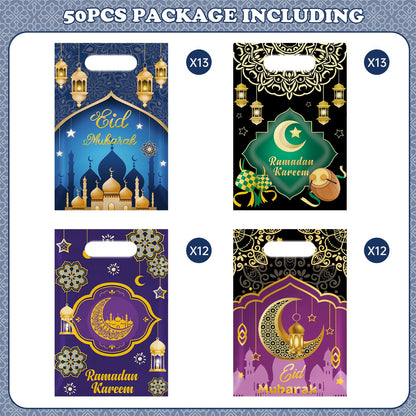 50 Pcs Ramadan Gift Bags with Handles - Eid Mubarak Goodie Bag, Ramadan Kareem Plastic Goody Candy Cookie Snack Treat Party Favor Bags Bulk for Islamic Muslim Eid Mubarak Party Supplies Favors,4 Style