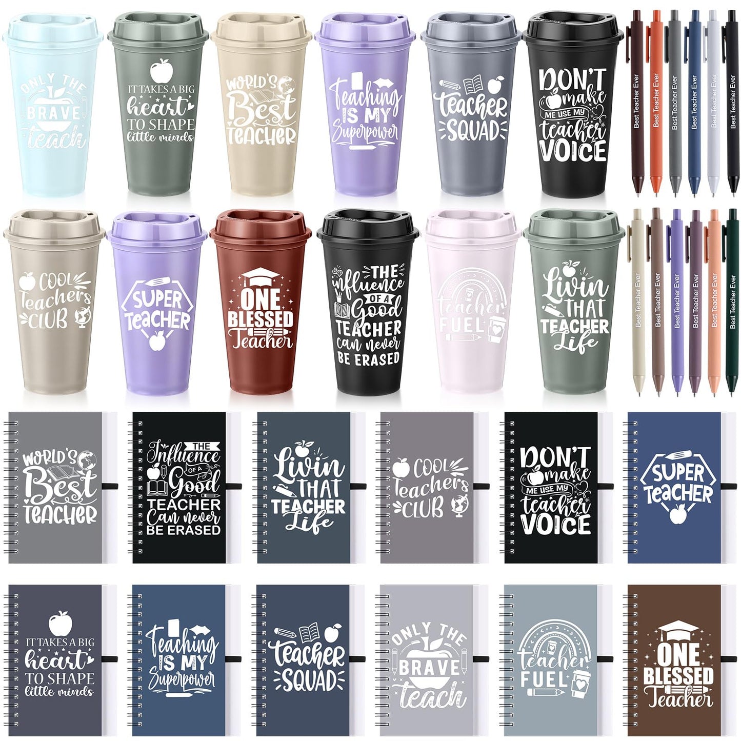 LemonRoad 36 Pcs Teacher Appreciation Gifts Bulk Thank You Teachers Set 16 oz Plastic Coffee Cup with Lid Straw Notebook and Pen 2026 Graduation Gift for Mentor Counselor (Teacher Wish,Morandi)