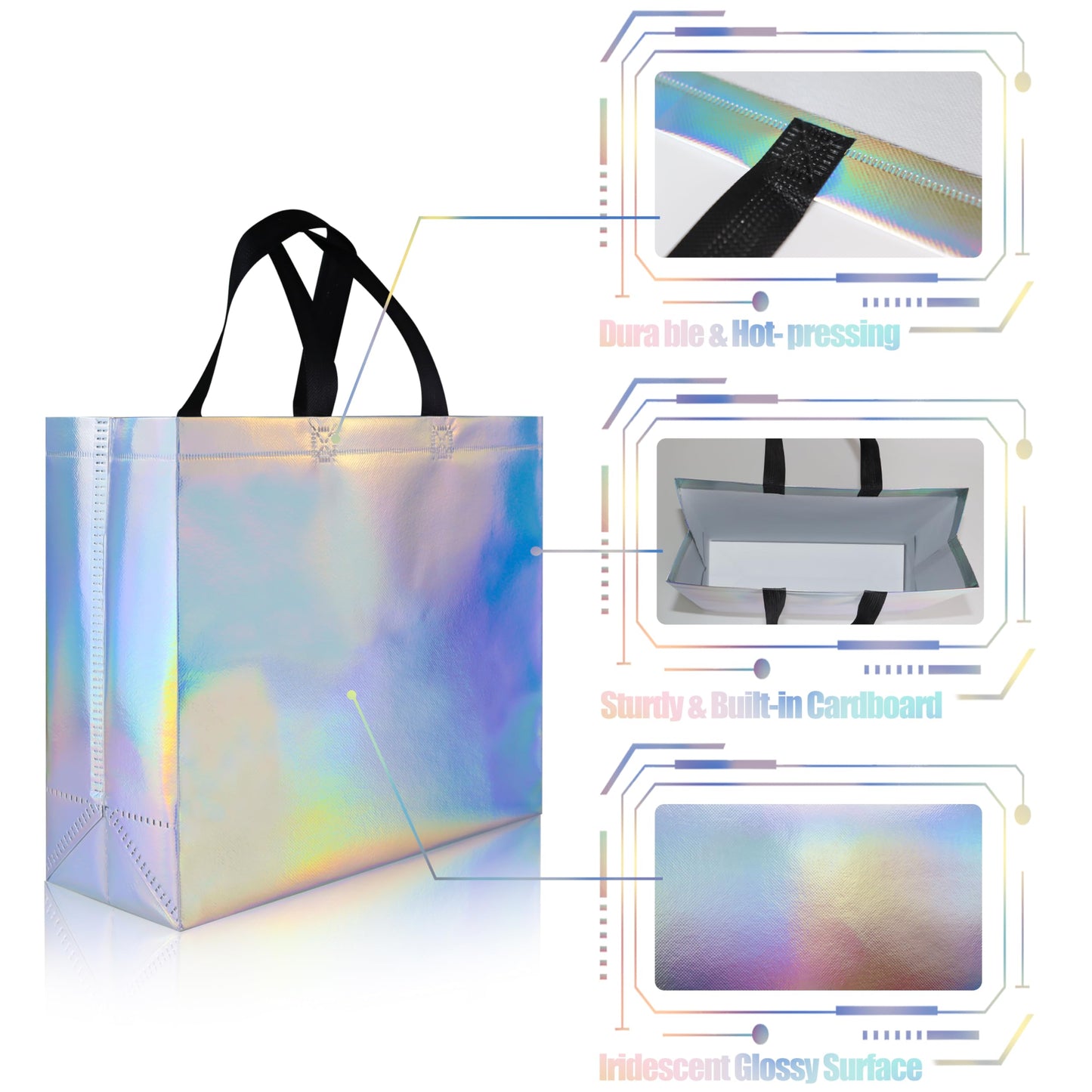 cabzymx Glossy Iridescent Gift Bags 15 Pcs, 12.6x4.7x11 In Reusable Goodie Bags Bulk with Handles & Sturdy Base, Christmas Gift Bags for Birthday, Wedding, Holiday, Party,Thanksgiving