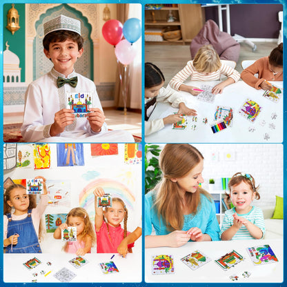 Ramadan Crafts for Kids, Eid Mubarak Arts and Crafts DIY Puzzle with Lanterns, Stars, Masjid, Moon, Castles, Ramadan Eid Activities Painting Kits for Islamic Gifts Party Favors & Goodies Bulk