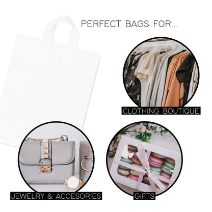 Purple Q Crafts Frosted Plastic Gift Bags 100 Pack 8" x 10" x 4" Clear Frosted Bags with Soft Loop Handles and Cardboard Insert, for Gifts Retail and More