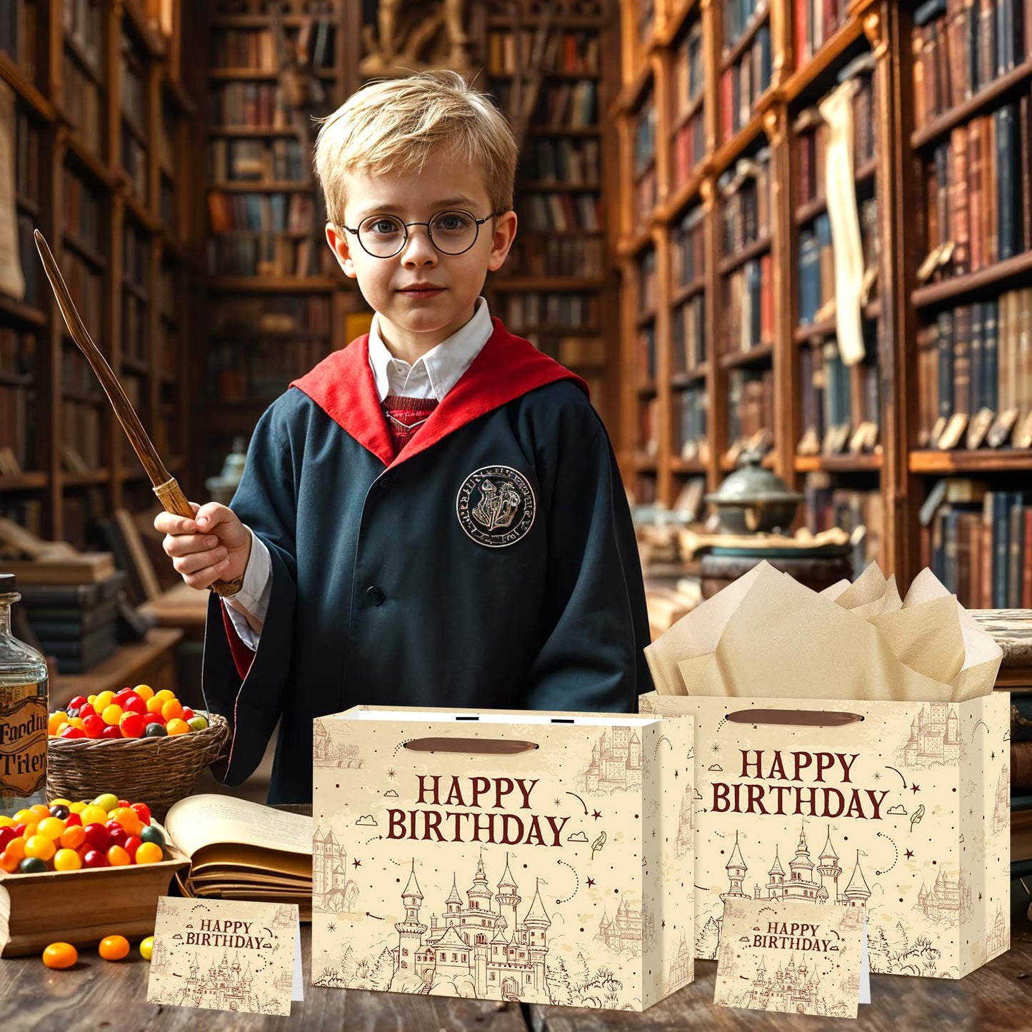 Frakron Magical Wizard Gift Bags Wizard Birthday Party Favors Gift Bag with Wrapping Paper and Card Castle School Party Wrapping Bags for Boys Girls Birthday Party Decoration