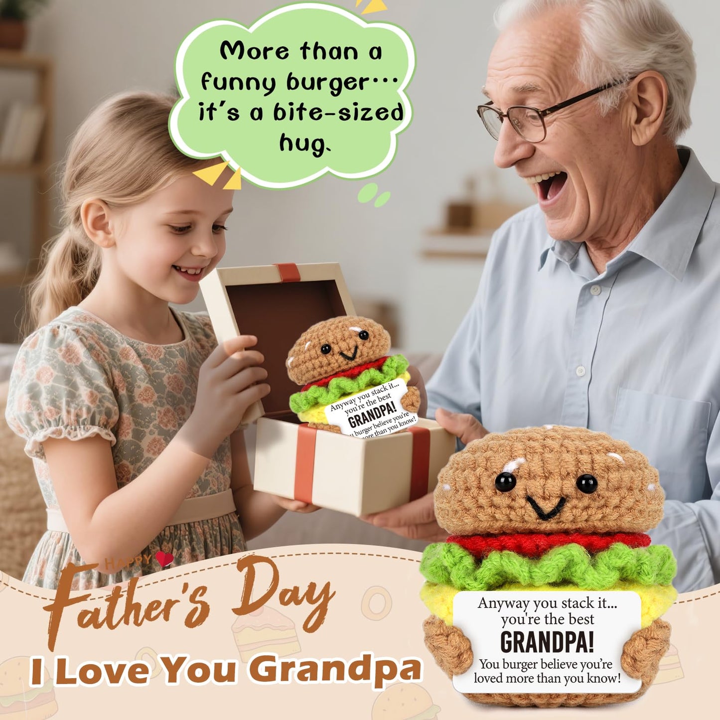 Mini Fathers Day Birthday Gifts for Grandpa from Granddaughter Grandson Handmade Crochet Burger Birthday Gifts for Grandfather Thank You Gift for Papa New Grandfather Bonus from Grandkids
