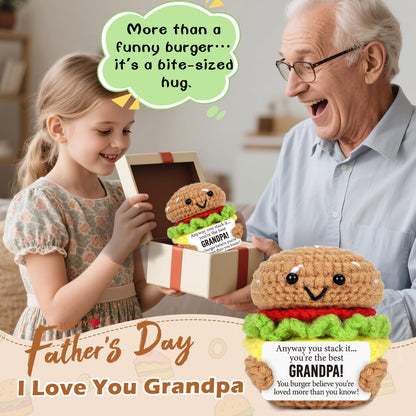 Mini Fathers Day Birthday Gifts for Grandpa from Granddaughter Grandson Handmade Crochet Burger Birthday Gifts for Grandfather Thank You Gift for Papa New Grandfather Bonus from Grandkids