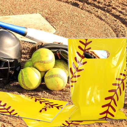 Hxezoc 50 Pieces Softball Gift Bags with Handle, Plastic Treat Candy Bag Sport Favor Bags For Kids Birthday Party Decoration Supplies (Yellow)