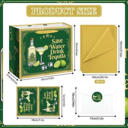 Green Gold Tequila Gift Bag, Margarita All-in-One Set with Greeting Card, Sticker, Envelope, and Tissue Paper, Funny Cocktail Gifts Wrap for Birthday, 21st, Bachelorette, Cinco de Mayo, Mexican Fiesta