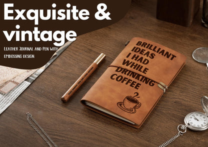 InnoBeta Coffee gifts Leather Journal Notebook with Pen, for Coffee Lovers, Men, Women on Birthday, Refillable Sketchbook, Travel Diary, Lined Planner, 7x5 Inches, Brown