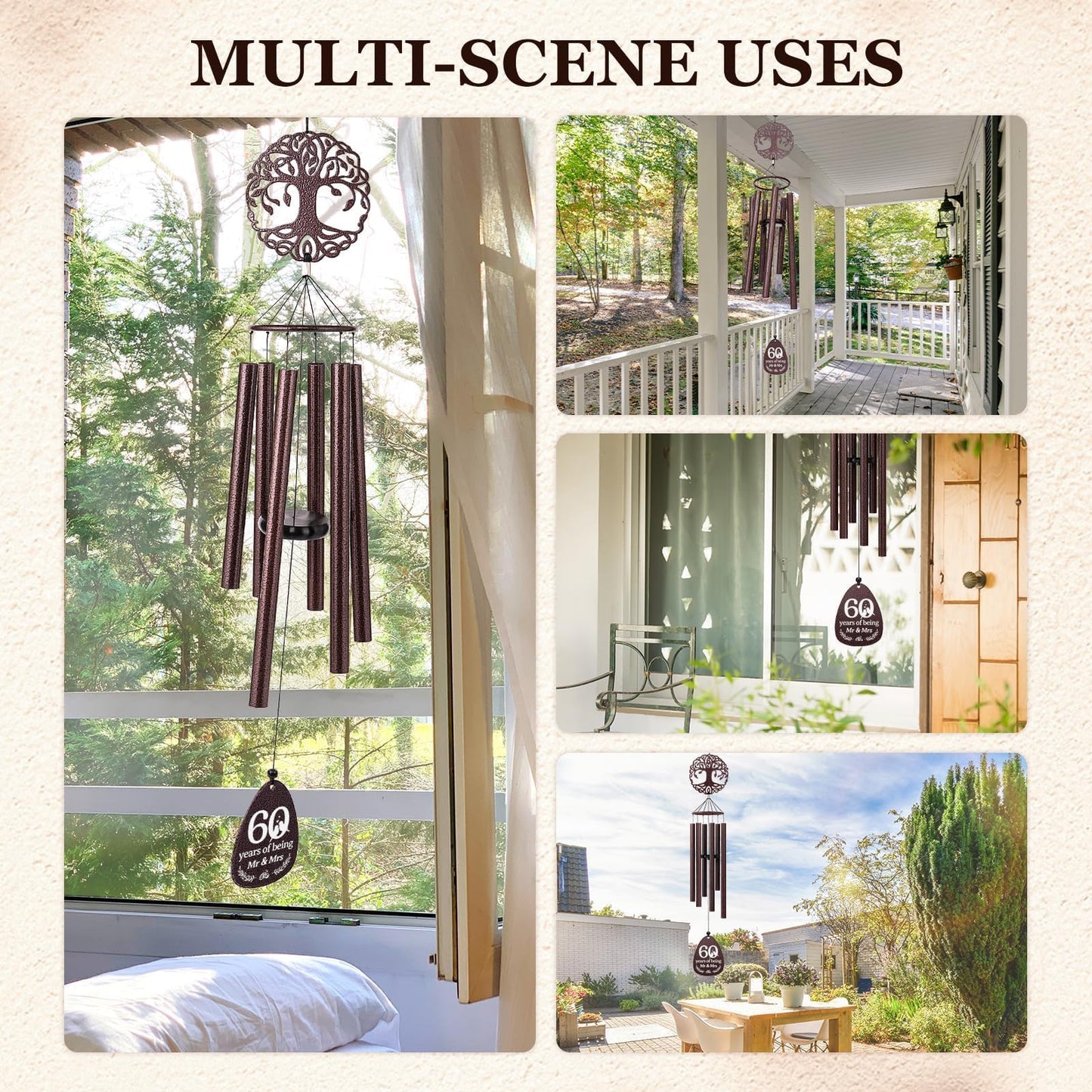 SteadStyle 60th Anniversary Wind Chime, Happy 60th Jubilee Gifts for Parents, Husband, Wife, Couples, Friends - Diamond Anniversary Keepsake Tree of Life Wind Chime Large Size 37 in Garden Patio Decor