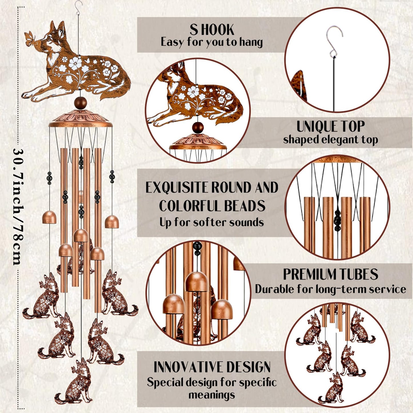 German Shepherd Gifts Windchimes - Metal Dog Wind Chimes for Outside Waterproof Art Hanging Garden Yard Patio Balcony Porch Decor Birthday Gift for Animal Lover Women Men Mom Grandma Friends
