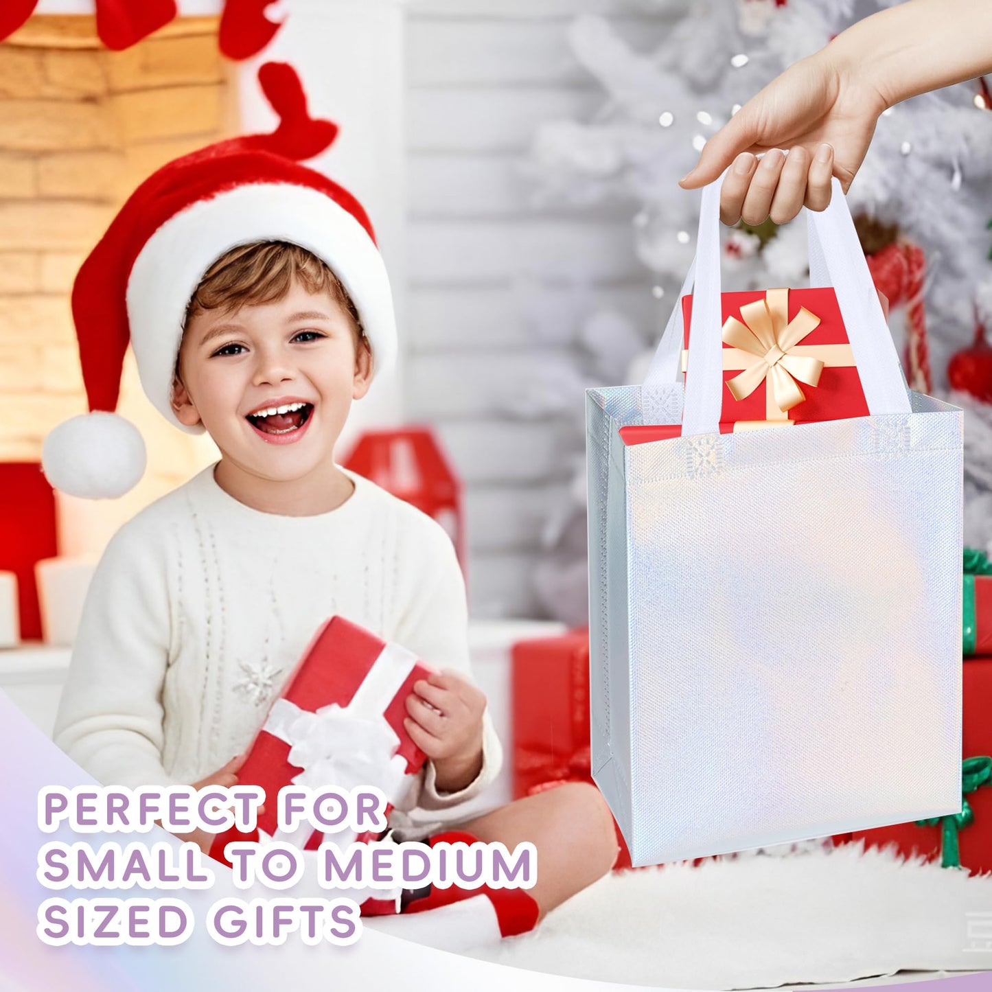 DELICAT 15 Pcs Iridescent Glossy Gift Bags with Handles 8x4x10 Inch，Holographic Reusable Gift Bags Medium Size & Sturdy Base, Holiday Goodie Bag suitable for Birthday，Party Favors，Wedding，Baby Shower