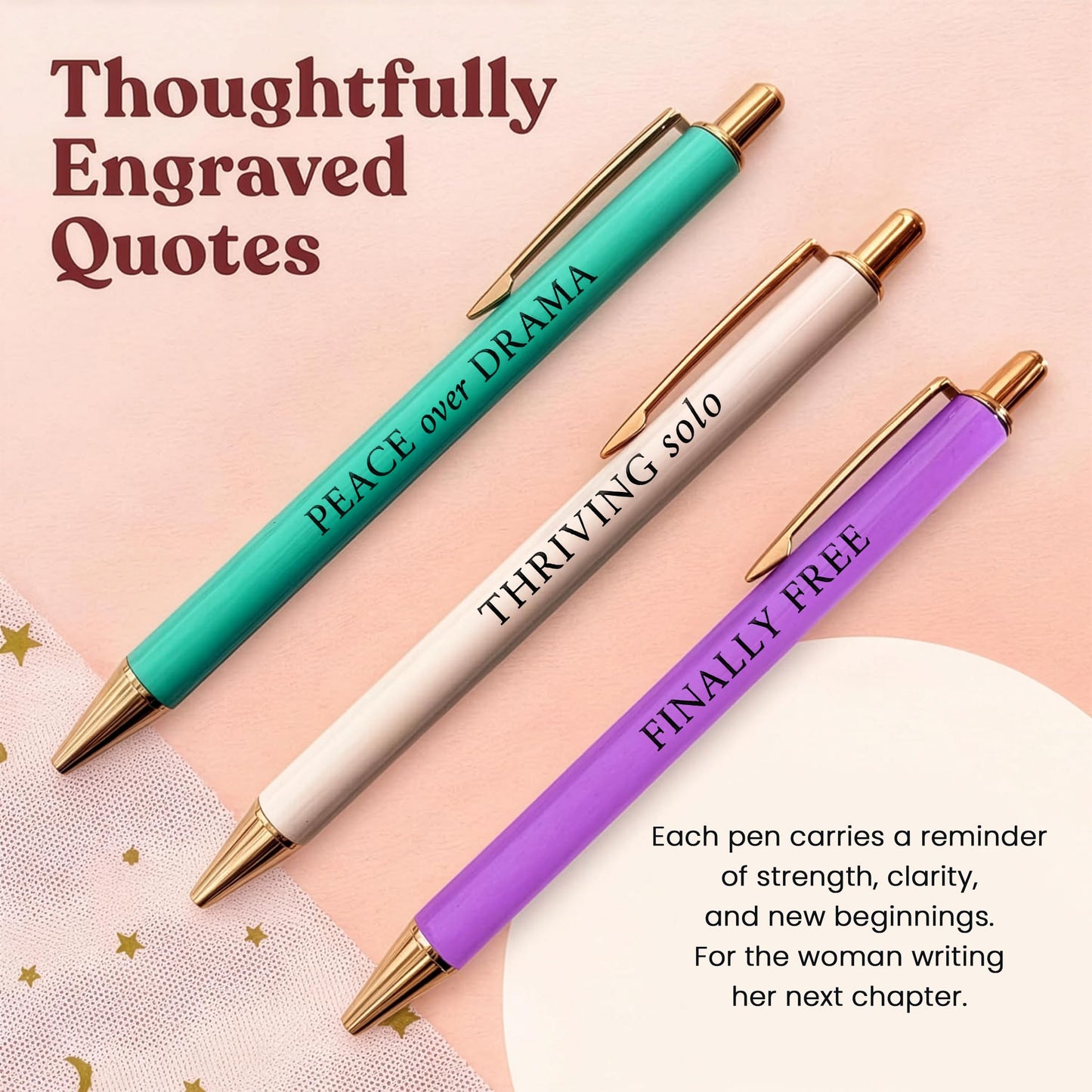 MESMOS 3pcs High End Luxury Happy Divorce Gifts for Women, Strong Woman Gifts, Gift to Cheer Someone up Women, Break up Gift for woman, Boss, & Friends. German-Ink & 1mm Swiss-Tip Motivational Pens