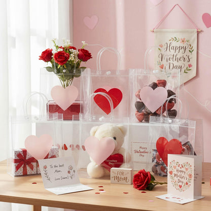 Aliceset 24 Pcs Heart Gift Bags Bulk Clear PVC Gift Bags with Handles Heart Pattern Reusable Transparent Tote for Party Favors Candy Treat Mother's Day (Mom, 9.84"x 9.84"x 3.54")