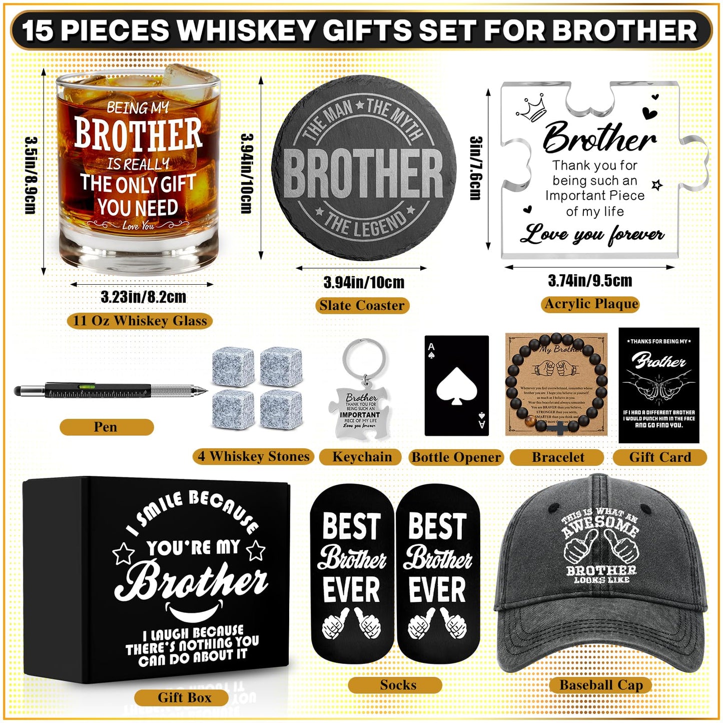 15 Pcs Brother Gifts from Sister Brother with 11 Oz Whiskey Glass Coaster Hat Socks Acrylic Plaque Bracelet Keychain, Birthday Christmas Christian Gift for Men Son Nephew Grandson