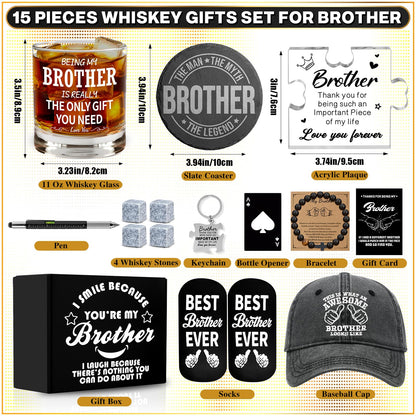 15 Pcs Brother Gifts from Sister Brother with 11 Oz Whiskey Glass Coaster Hat Socks Acrylic Plaque Bracelet Keychain, Birthday Christmas Christian Gift for Men Son Nephew Grandson