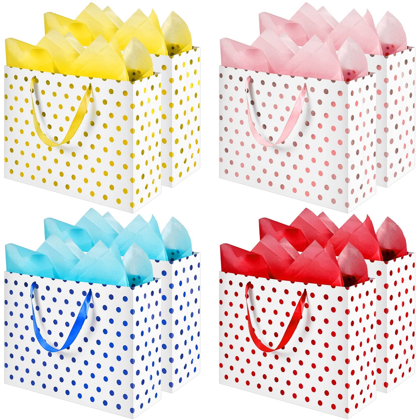 Henoyso 8 Pcs 16'' Extra Large Gift Bags Metallic Dots Present Bags with Handles and Paper for Christmas Wedding Holiday Birthday Party (Multicolored)