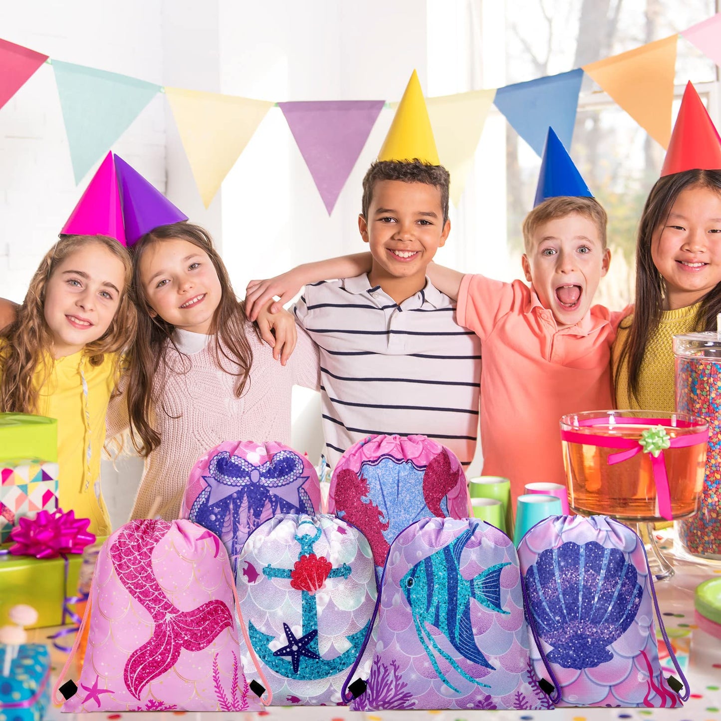 Shappy 24 Pack Drawstring Party Favors Bags Cartoon Animal Candy Goodie for Boys Birthday Kids Gift Return Girls Supplies(Mermaid)