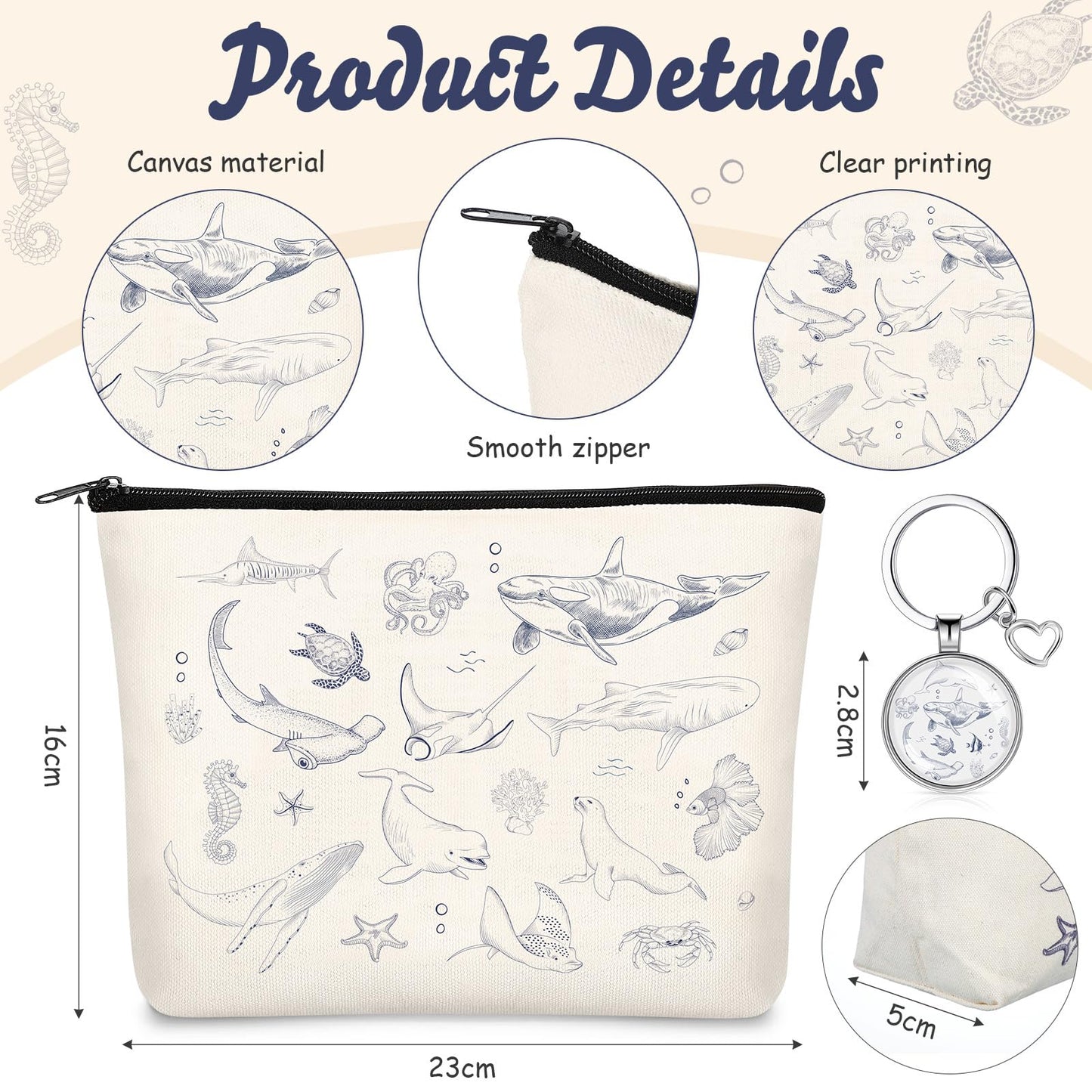 5 Pcs Sea Animal Themed Gifts Set for Women Include Canvas Beach Tote Bag Makeup Bag Keychain Notebook Pen for Ocean Lovers Party Favors Birthday Gift for Christmas