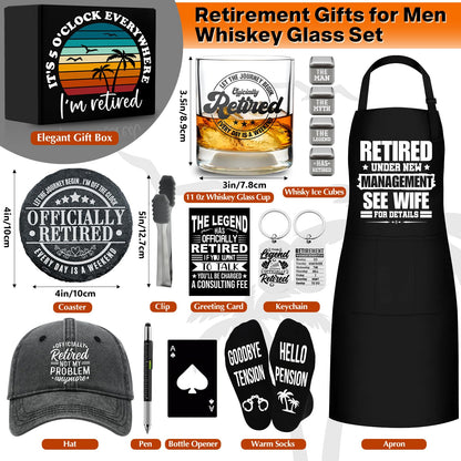 15 Pcs 2026 Retirement Gifts for Men Whiskey Glass Set, The Legend Has Retired, Funny Retired Supplies with 11 Oz Whisky Glass Coaster Stones Apron Baseball Cap Socks for Dad, Coworker, Boss, Grandpa