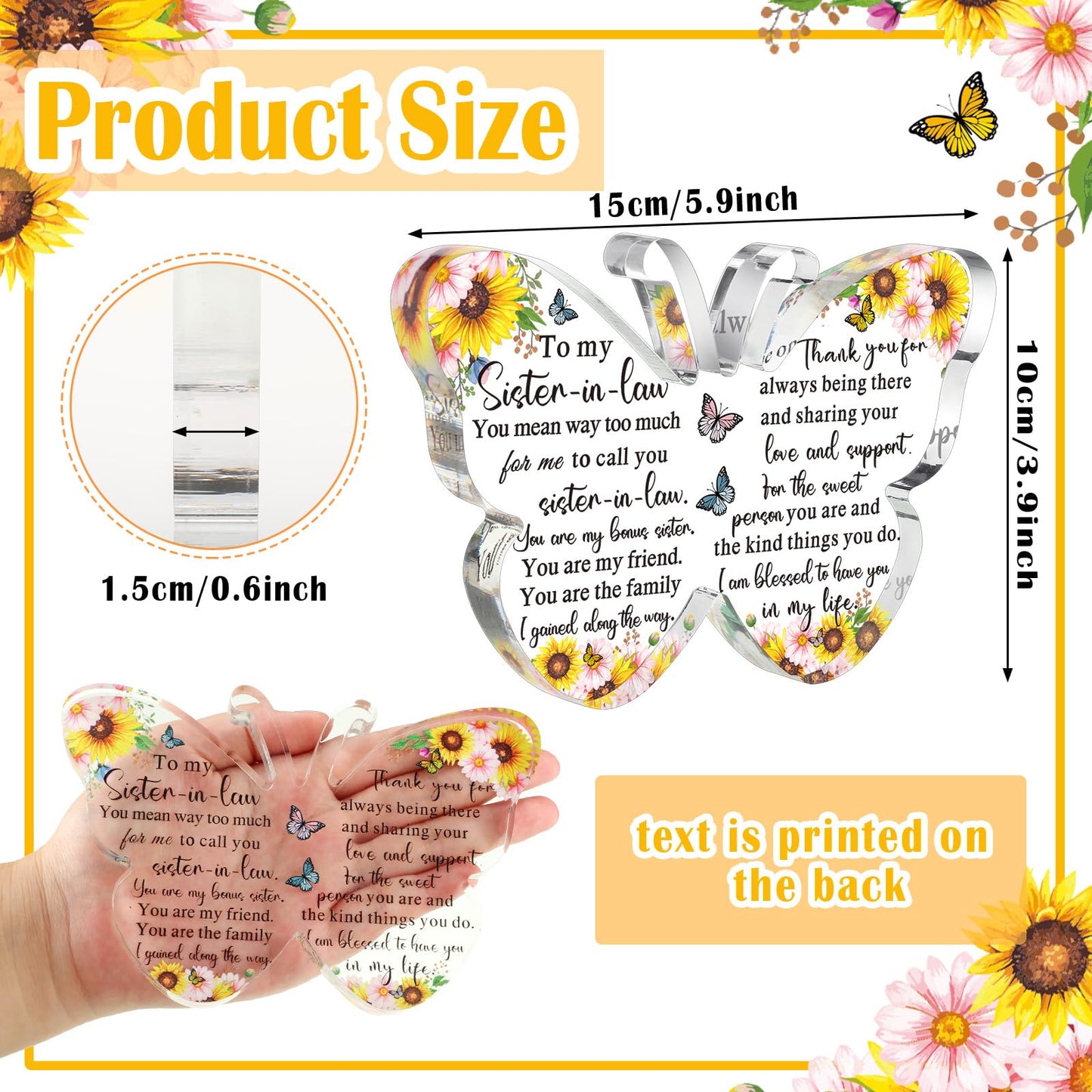 Barydat Sister-in-Law Gifts from Sister Thank You Butterfly Friendship Family Birthday Gift Love You Sister Acrylic Decorative Signs Plaques for Housewarming Wedding Anniversary