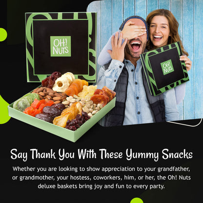 Oh! Nuts Dried Fruits and Nuts Gift Basket - Gourmet Gift Baskets - Healthy Assorted Nuts and Dried Fruit Gift Box - Crafted in USA, Sealed Fresh in Individual Packs (Green Box)