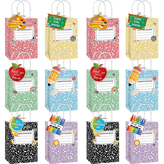 12 Sets End of Year Teacher Appreciation Gifts Bags Bulk Back to School Candy Bag Composition Notebook Crayons Pencil Themed Favor Bags with Handles Tags for Classroom School Office Party Supplies
