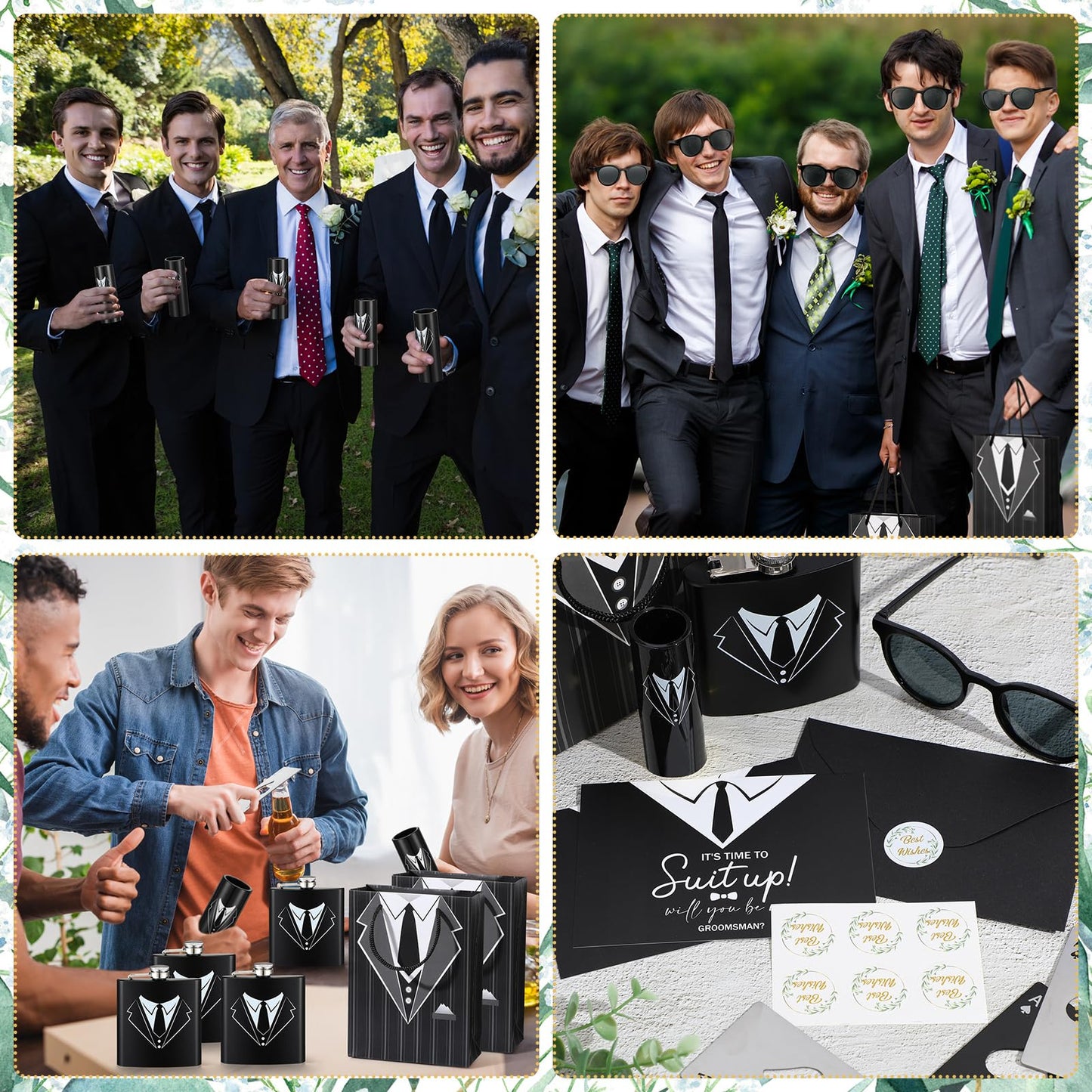 Bokon 72 Pcs Groomsmen Gifts for Men Stainless Steel Tuxedo Flask Groomsmen Gauge Glasses Poker Bottle Opener Groomsman Gift Bag Sunglasses with Cards for Wedding Bachelor Party Favors