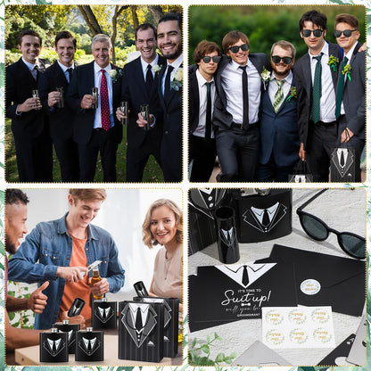 Bokon 72 Pcs Groomsmen Gifts for Men Stainless Steel Tuxedo Flask Groomsmen Gauge Glasses Poker Bottle Opener Groomsman Gift Bag Sunglasses with Cards for Wedding Bachelor Party Favors