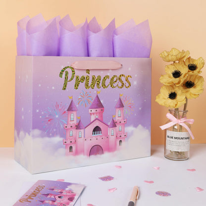 wishinside 13'' Large Princess Gift Bag Set with Handles, Greeting Card, Purple Tissue Papers and Stickers for Women Girls Kids Teens for Birthday Party, Wedding, Anniversary, Castle Design, 1 Pcs