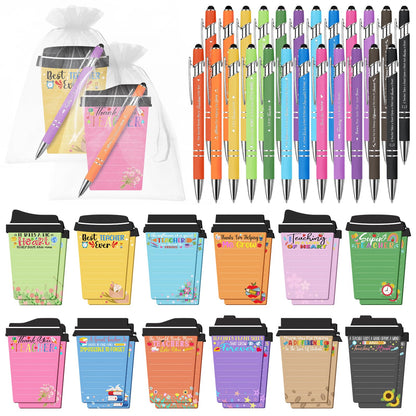 Mkway 24 Set Teacher Appreciation Gifts Bulk - 24 Coffee Cup Notepad+ 24 Ballpoint Pens+ 24 Drawstring Gift Bags, Bulk Gifts for School Office Christmas Teacher's Day Coworker Nurse Employee